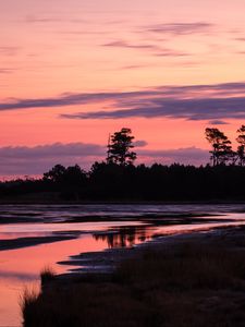 Preview wallpaper trees, river, shore, silhouettes, evening