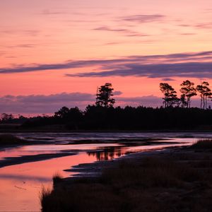 Preview wallpaper trees, river, shore, silhouettes, evening