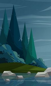 Preview wallpaper trees, river, stones, vector, art