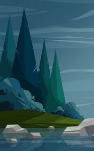Preview wallpaper trees, river, stones, vector, art