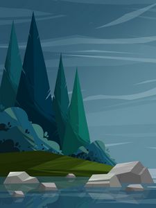 Preview wallpaper trees, river, stones, vector, art