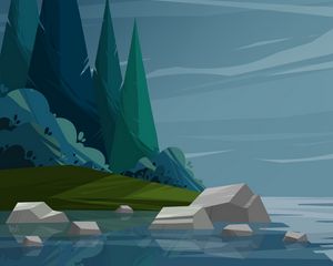 Preview wallpaper trees, river, stones, vector, art