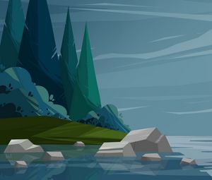 Preview wallpaper trees, river, stones, vector, art