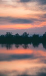 Preview wallpaper trees, river, sunset, horizon, reflection