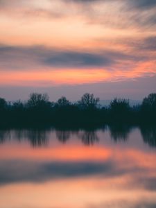 Preview wallpaper trees, river, sunset, horizon, reflection
