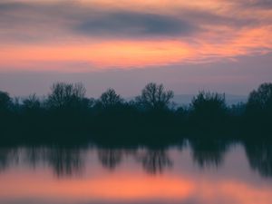 Preview wallpaper trees, river, sunset, horizon, reflection