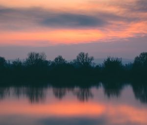 Preview wallpaper trees, river, sunset, horizon, reflection