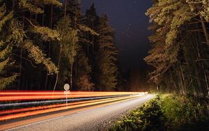 Preview wallpaper trees, road, lines, glow, stars, night