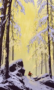 Preview wallpaper trees, rocks, snow, silhouette, art