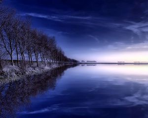 Preview wallpaper trees, row, lake, reflection, evening, sky