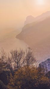 Preview wallpaper trees, sea, mountains, fog