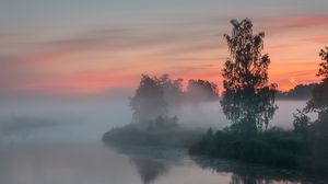 Preview wallpaper trees, shore, river, fog, nature
