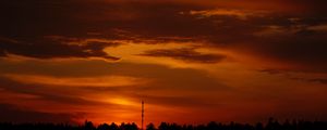 Preview wallpaper trees, silhouette, shadows, clouds, sunset, dark, landscape
