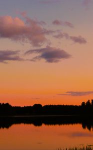 Preview wallpaper trees, silhouettes, forest, lake, clouds, sky, sunset, landscape