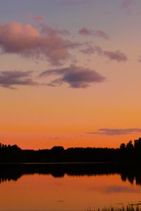Preview wallpaper trees, silhouettes, forest, lake, clouds, sky, sunset, landscape