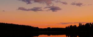 Preview wallpaper trees, silhouettes, forest, lake, clouds, sky, sunset, landscape