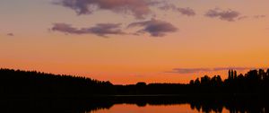Preview wallpaper trees, silhouettes, forest, lake, clouds, sky, sunset, landscape