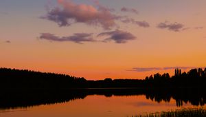 Preview wallpaper trees, silhouettes, forest, lake, clouds, sky, sunset, landscape