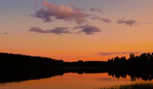 Preview wallpaper trees, silhouettes, forest, lake, clouds, sky, sunset, landscape