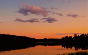 Preview wallpaper trees, silhouettes, forest, lake, clouds, sky, sunset, landscape