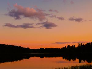Preview wallpaper trees, silhouettes, forest, lake, clouds, sky, sunset, landscape