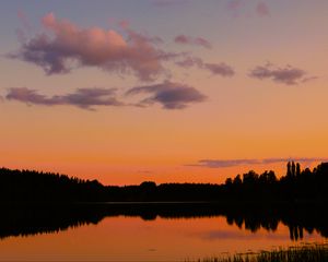 Preview wallpaper trees, silhouettes, forest, lake, clouds, sky, sunset, landscape