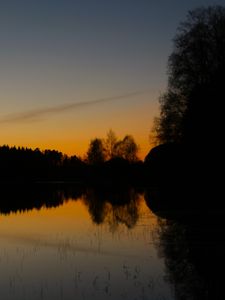 Preview wallpaper trees, silhouettes, lake, evening, dark