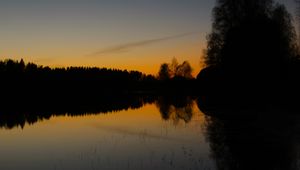 Preview wallpaper trees, silhouettes, lake, evening, dark