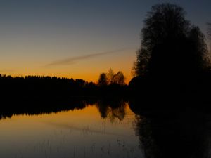 Preview wallpaper trees, silhouettes, lake, evening, dark