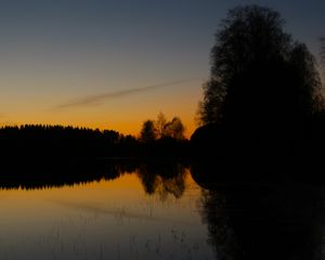 Preview wallpaper trees, silhouettes, lake, evening, dark