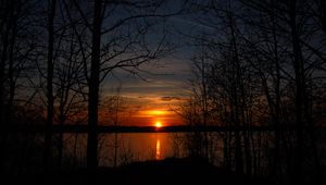 Preview wallpaper trees, silhouettes, lake, sun, sunset, dark