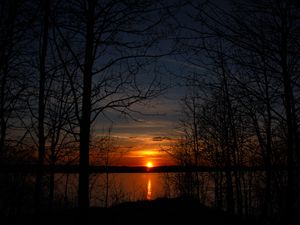 Preview wallpaper trees, silhouettes, lake, sun, sunset, dark