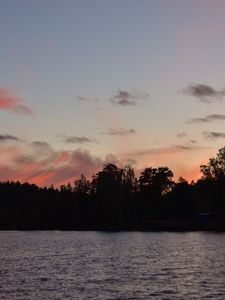 Preview wallpaper trees, silhouettes, lake, landscape, twilight, dark