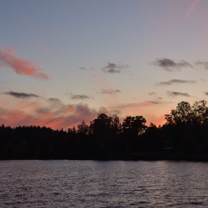 Preview wallpaper trees, silhouettes, lake, landscape, twilight, dark