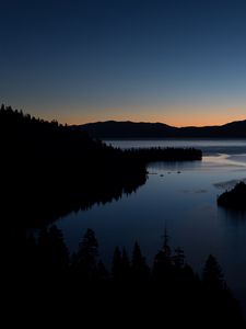 Preview wallpaper trees, silhouettes, lake, twilight, dark