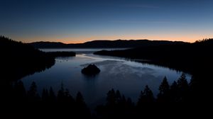 Preview wallpaper trees, silhouettes, lake, twilight, dark