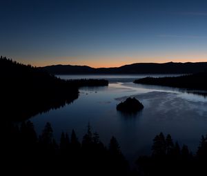 Preview wallpaper trees, silhouettes, lake, twilight, dark