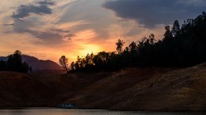 Preview wallpaper trees, silhouettes, lake, sunset, landscape, dark