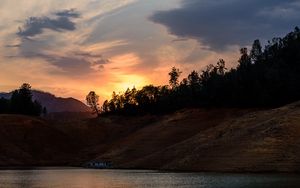 Preview wallpaper trees, silhouettes, lake, sunset, landscape, dark