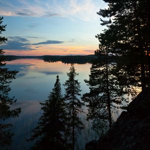 Preview wallpaper trees, silhouettes, lake, twilight, landscape, dark