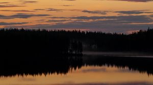 Preview wallpaper trees, silhouettes, lake, reflection, twilight, dark