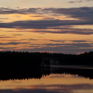 Preview wallpaper trees, silhouettes, lake, reflection, twilight, dark