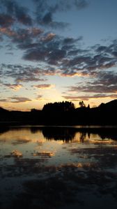 Preview wallpaper trees, silhouettes, lake, reflection, landscape, dark