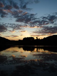 Preview wallpaper trees, silhouettes, lake, reflection, landscape, dark