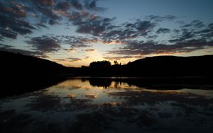 Preview wallpaper trees, silhouettes, lake, reflection, landscape, dark