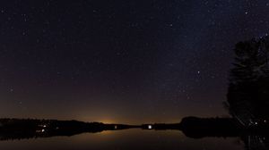 Preview wallpaper trees, silhouettes, lake, starry sky, night