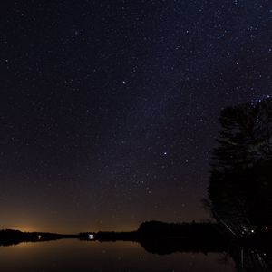 Preview wallpaper trees, silhouettes, lake, starry sky, night