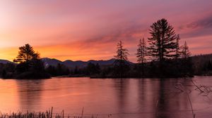 Preview wallpaper trees, silhouettes, river, twilight