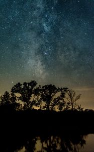 Preview wallpaper trees, silhouettes, starry sky, night, river, reflection