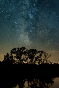 Preview wallpaper trees, silhouettes, starry sky, night, river, reflection